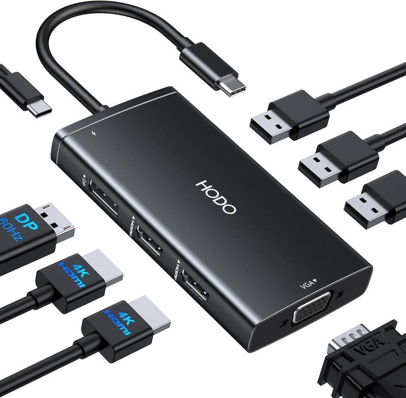 HOdo USB C Docking Station Dual Monitor Adapter for Dell HP, Laptop Docking Station 3 Monitors Quadruple Display USB C Hub Dongle to 4K HDMI+DisplayPort+VGA,3 USB2.0,100W PD, 8 in 1 Thunderbolt Dock - Image 1